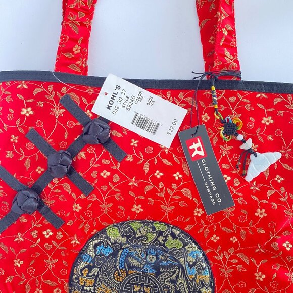 Asian Rampage Clothing Red Black Dragon Medallion Tote Bag Lucky Bat Charm NWT - Picture 3 of 11